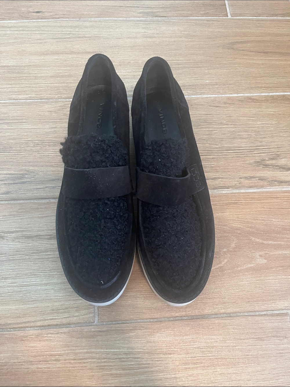 Vince Black Suede Shearling Loafers